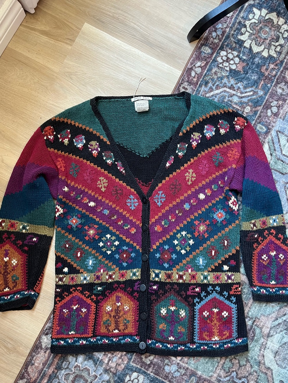 Women’s Vintage Multicolor V-Neck Button Cardigan Sweater Knit L-XL